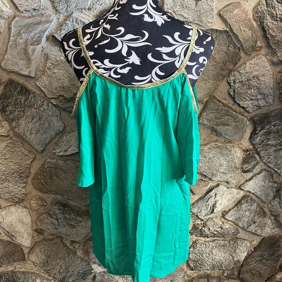 Dots Green & Gold Open Shoulder Top L - Picture 3 of 4